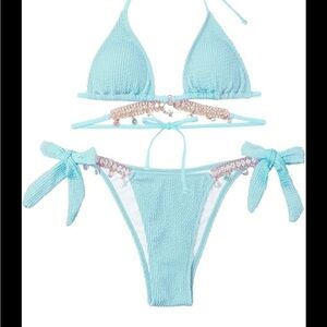 Light Blue Bikini Set with Beaded Details